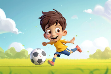 cartoon boy playing football - obrazy, fototapety, plakaty