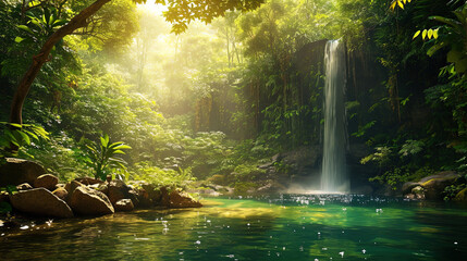 sun rays in the forest waterfall
