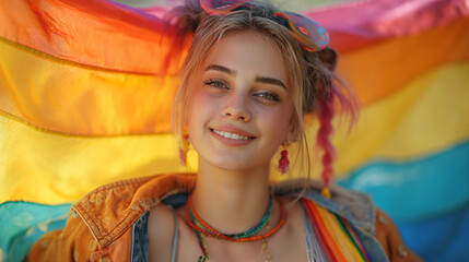 A young woman with a joyful smile, wearing bohemian accessories, sits before a bright rainbow pride flag. LGBT concept.