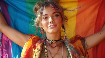 A radiant bohemian woman stands proudly with arms outstretched, the rainbow pride LGBT flag billowing behind her.