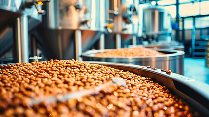 Coffee Roasting Process: Fresh Beans in Industrial Roaster, Aromatic Beverage Production Background