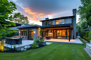 Contemporary suburban home with a landscaped backyard and outdoor kitchen - obrazy, fototapety, plakaty