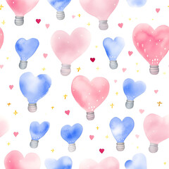 Watercolor pastel blue pink Valentines seamless pattern background with light bulbs in heart shape illustration