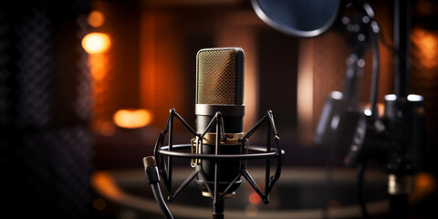 Fototapeta na wymiar Microphone for sound music karaoke in audio studio or stage mic technology voice concert, 