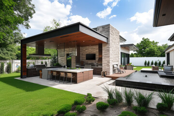 Contemporary suburban home with a landscaped backyard and outdoor kitchen