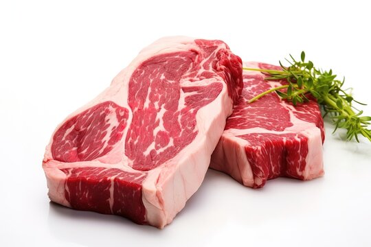 Fresh red meat slices with green leaf decoration on white background. generative AI
