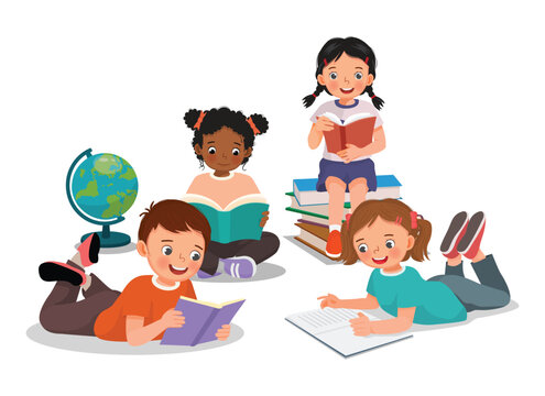 Happy little kids boys and girls reading books together