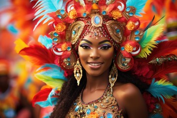 Joyful carnival dancer in a feathered costume.