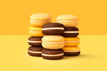 Assorted Sandwich Cookies Filled with Creamy Centers, Arranged Tastefully on an Isolated Yellow Background, Generative AI