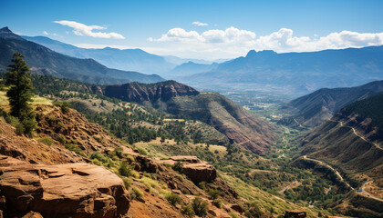 Obraz premium Majestic mountain peak, tranquil meadow, panoramic landscape, nature beauty generated by AI