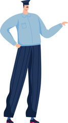 Policeman in blue uniform pointing with his hand. Male officer presenting or directing. Law enforcement and security concept vector illustration.