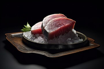 Fresh fish slices in the photo on a black background. generative AI