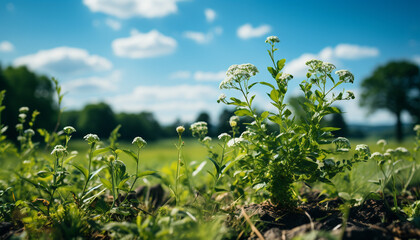 Fresh green meadow, blooming flowers, nature beauty in a rural scene generated by AI