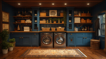 Laundry room - perfect symmetry - washer and dryer - clothes hamper - storage - shelves - plenty of space 