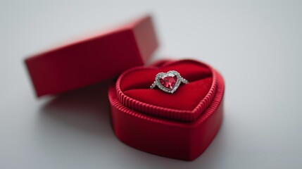 Close up ring in a red heart shaped box on white background.