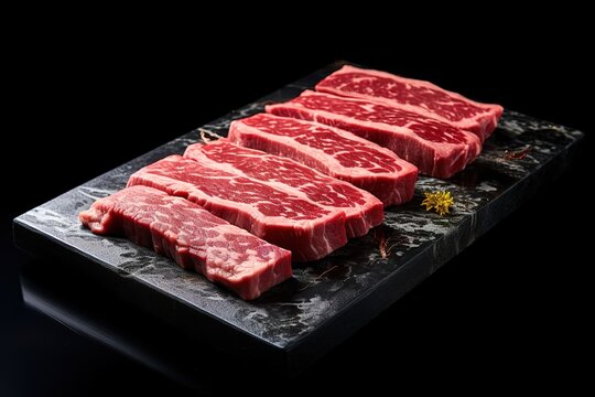 rows of fresh beef in the photo on a black background. generative AI