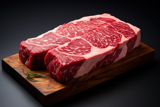 Fresh red meat slices in the photo on black Background.. generative AI