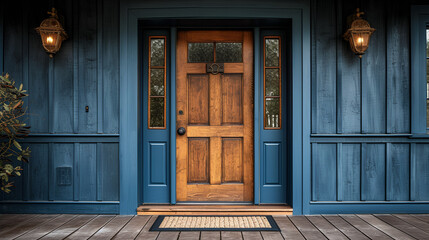 Entryway - Front porch - front door - perfect symmetry - blue building with light brown trim -...