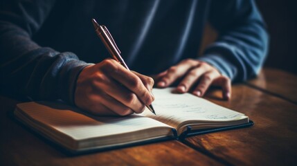 Close-up of a person's hands writing in a lined notebook, capturing thoughts on paper.