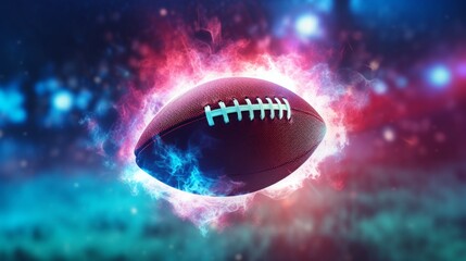An American football caught in a vibrant, dynamic energy field evokes excitement and the high energy of sports events.