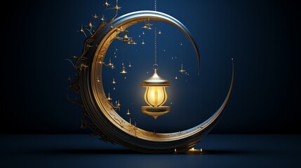 Ramadan Kareem greeting card. Golden lantern in the form of a circle on a blue background.