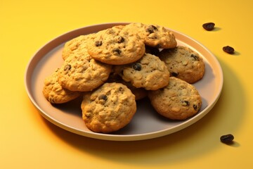 Gourmet Oatmeal Raisin Cookies, Freshly Baked and Displayed on a Yellow Plate, Generative AI