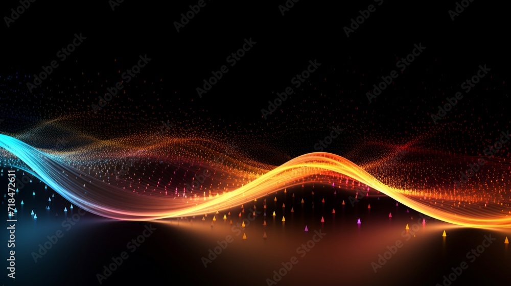 Poster a mesmerizing abstract background of a colorful particle wave, representing the flow of data and tec