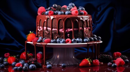 Rich chocolate cake topped with melting chocolate and an assortment of fresh berries.