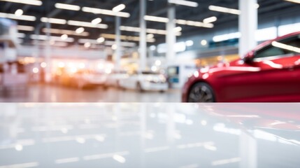Abstract blurred image of a car dealership interior with a reflective glossy floor.