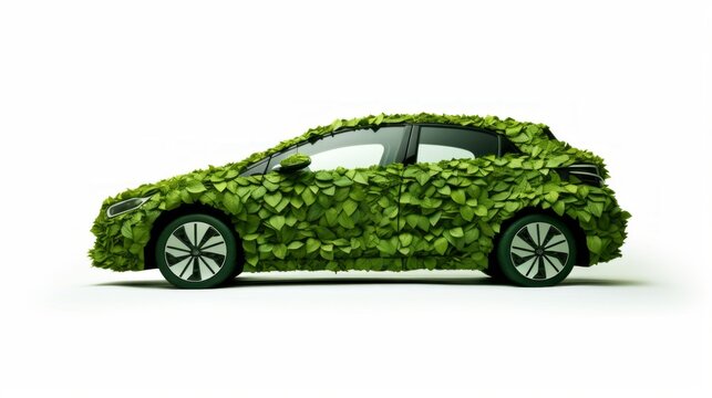 Conceptual image of an eco-friendly electric car covered in green leaves, symbolizing sustainable energy and environment.