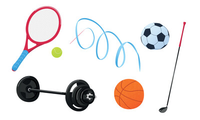 Sport equipment. Vector icons set of sport inventory with balls for basketball, football game and tennis, golf club, ribbon, racket, dumbbell. Fitness gym tools. Team game. Illustration in flat style.