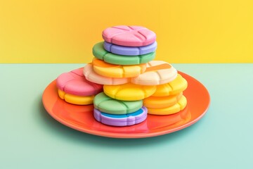 Stackable Rainbow-colored Sugar Cookies, Arranged Neatly on a Yellow Serving Plate, Generative AI