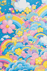 Illustration of sky with rainbow, flowers, 3D image, beautifully decorated wallpaper.