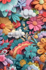 Illustration of sky with rainbow, flowers, 3D image, beautifully decorated wallpaper.