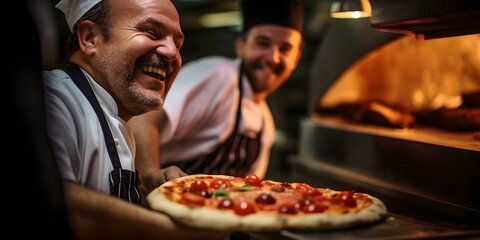 Cheerful chefs baking fresh pizza in brick oven. joyful kitchen team at work. culinary art in a cozy restaurant. AI