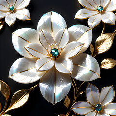 AI prompt: 4K+ graphic of an intricate jasmine flower with mother-of-pearl, gemstones, and gold for a captivating atmosphere.(Generative AI) 