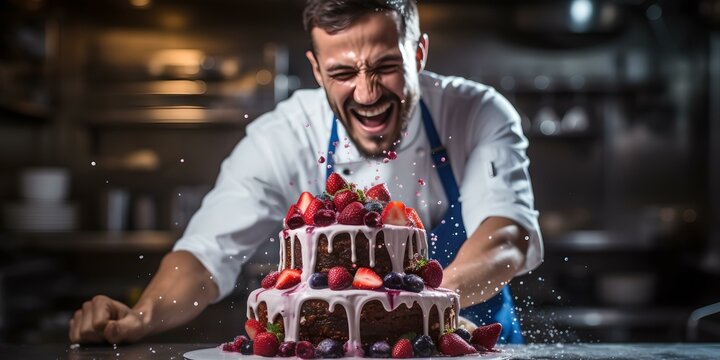 Joyful chef presenting a delightful multi-layered fruit cake. a candid kitchen moment captured. vibrant culinary photography. perfect for food magazines. AI