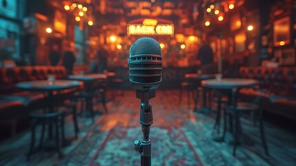 Vintage microphone on stage with blurred cafe background, empty chairs awaiting audience. intimate live music venue ambiance. performance ready scene. AI