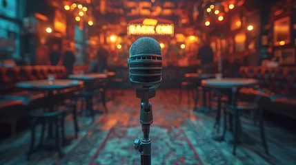 Foto op Canvas Vintage microphone on stage with blurred cafe background, empty chairs awaiting audience. intimate live music venue ambiance. performance ready scene. AI © Irina Ukrainets