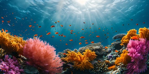 Vibrant underwater seascape with sun rays and colorful coral. marine life ecosystem in panoramic view. ideal for nature backgrounds. AI