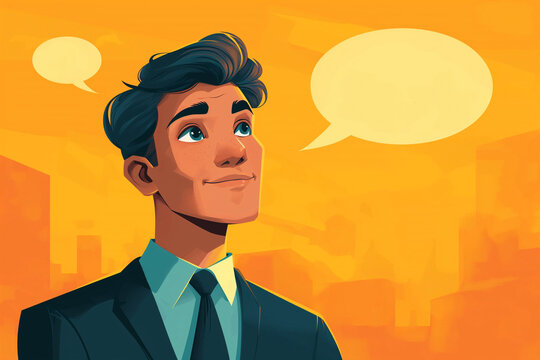 Cartoon flat vector illustration of a smiling young businessman cartoon character with an empty speech bubble against a color background.