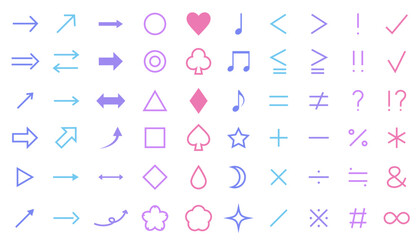 カラフルな矢印と記号のイラストセット　音符　計算　算数　図形