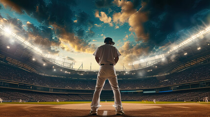 baseball player standing ready in the middle of baseball arena stadium as wide banner with...