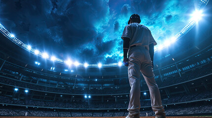 baseball player standing ready in the middle of baseball arena stadium as wide banner with copyspace area - obrazy, fototapety, plakaty
