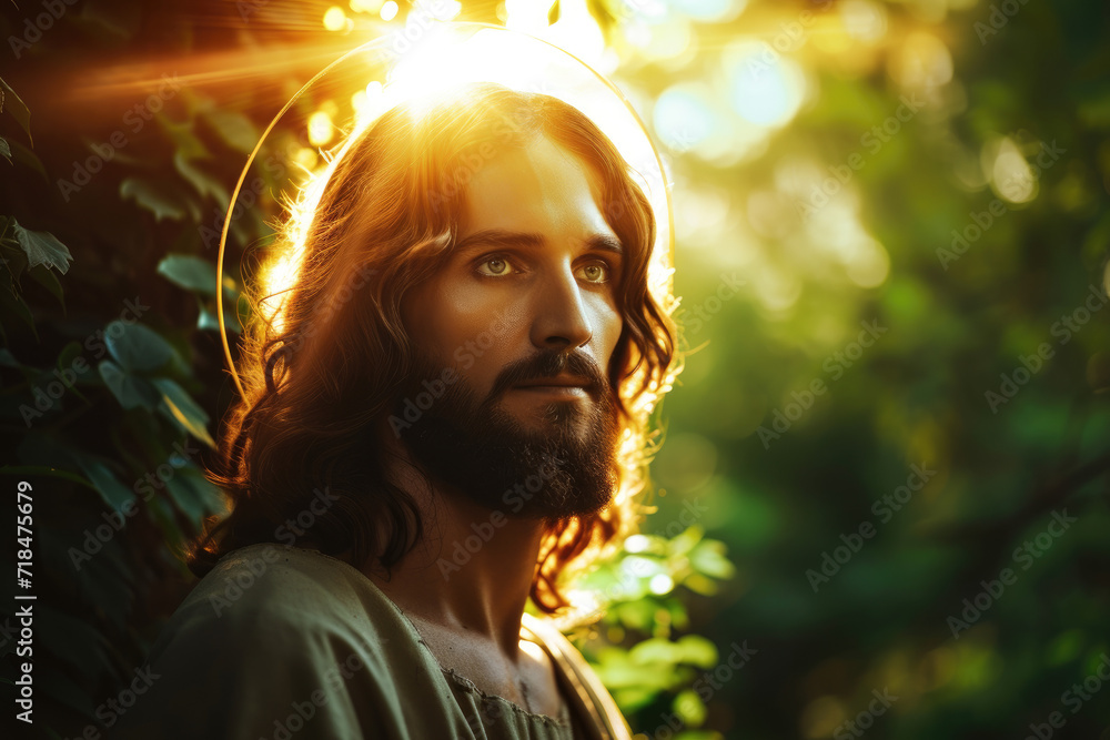 Wall mural portrait of Jesus, heaven light, nature background, glowing halo light around his head