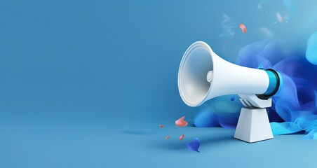 A white megaphone in the photo on a blue background - obrazy, fototapety, plakaty