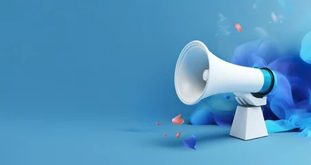 Fotobehang A white megaphone in the photo on a blue background © original logo