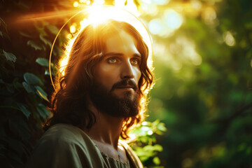 portrait of Jesus, heaven light, nature background, glowing halo light around his head
