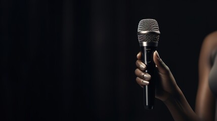A person holding a microphone on a dark background. generative AI