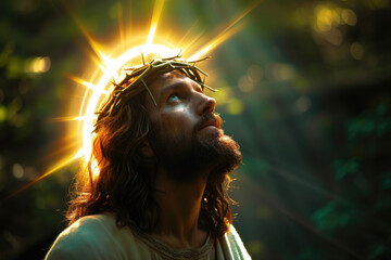 portrait of Jesus, heaven light, nature background, glowing halo light around his head - obrazy, fototapety, plakaty